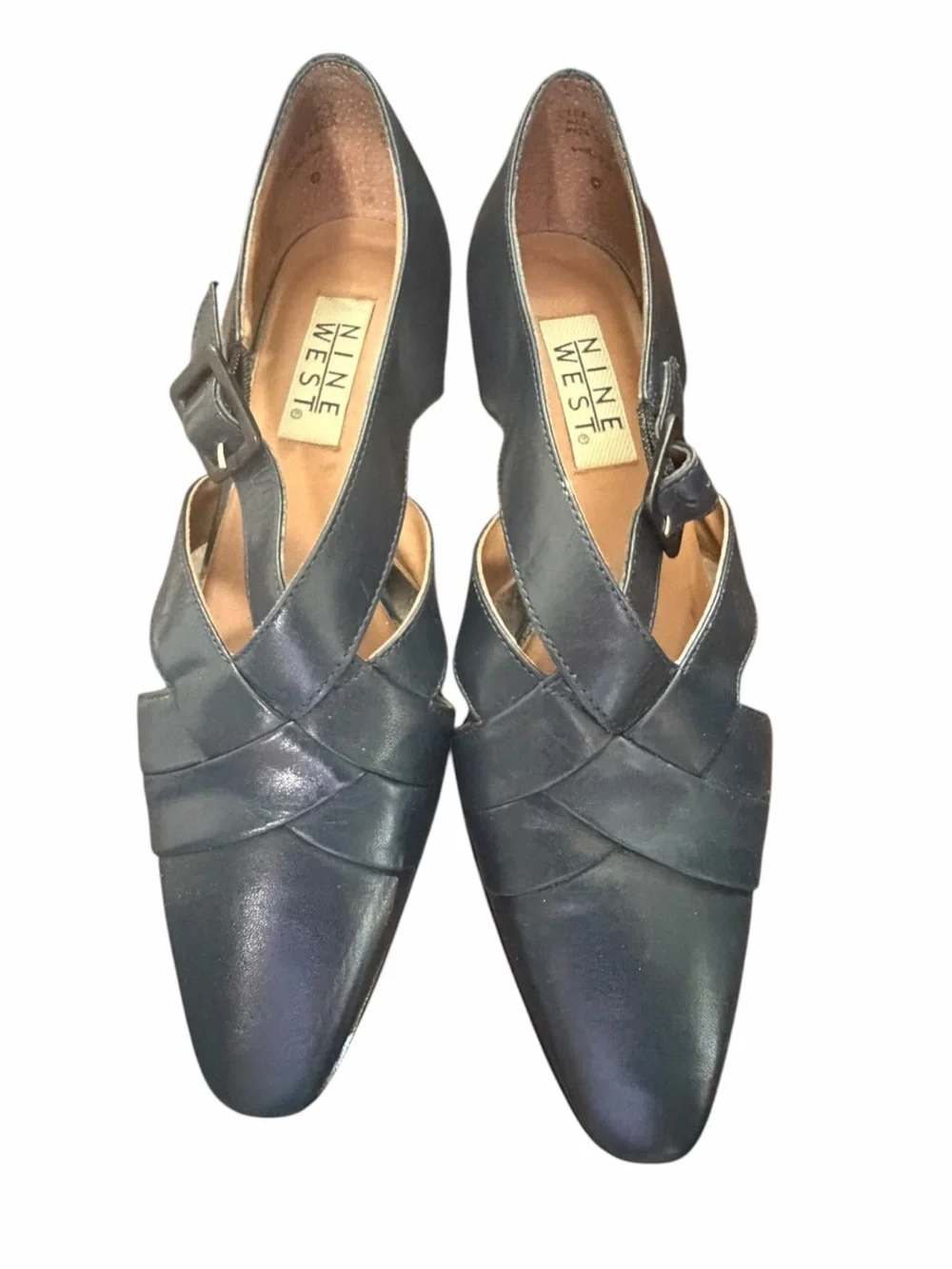 Nine West Navy Leather Pointed-Toe Flats with Buckle 9